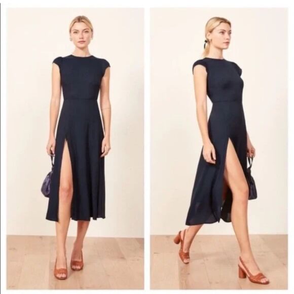 Reformation Navy Cap Sleeve Open Back Midi Slit Dress Gavin Size 8 - Picture 1 of 9